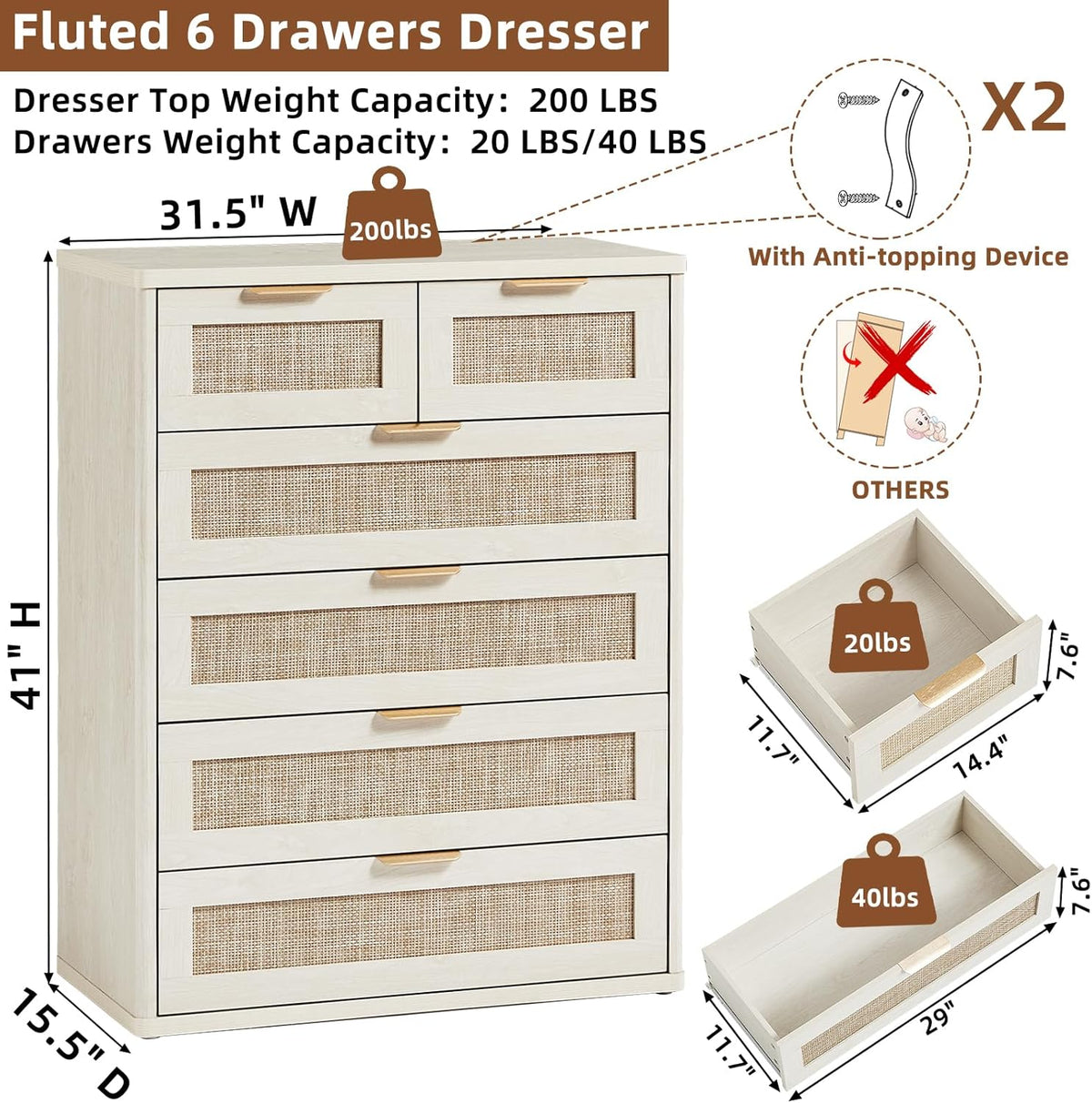 LEYAOYAO White Dresser for Bedroom Set of 2, 42" Tall Chest of Drawers, Modern 6 Drawers Boho