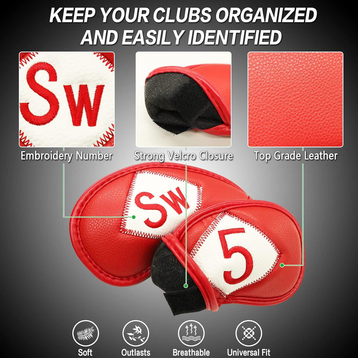 FINGER TEN Premium Synthetic Leather Stylish Iron & Wedge Golf Head Covers Value 12 Piece Set
