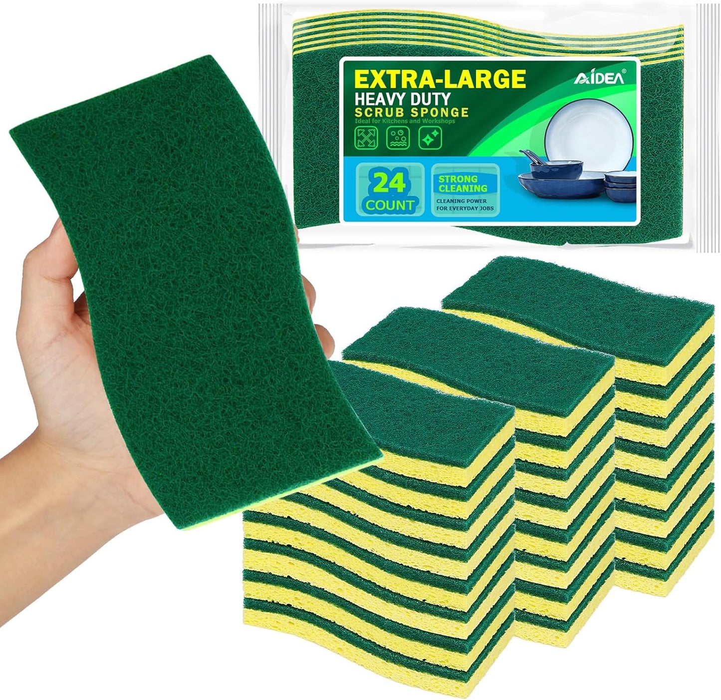 AIDEA XL Scrub Sponges 24Count, Sponges for Dishes, Extra Large Sponge for Cleaning Kitchen and