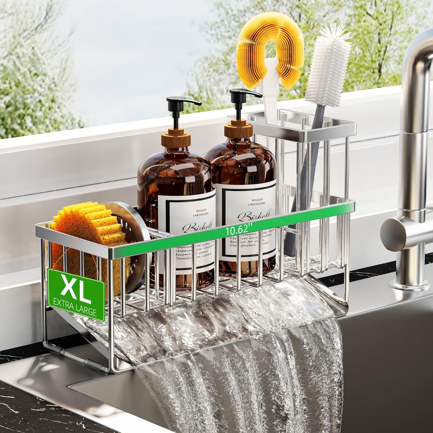 Cisily Extra Large Silver Kitchen Sink Caddy Organzier with High Brush Holder, Sponge Holder for