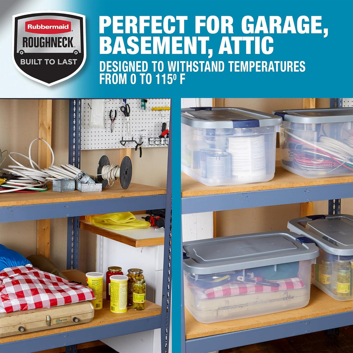 Rubbermaid Roughneck Clear 50 Qt/12 Gal Storage Containers, Pack of 5 with Latching Grey Lids