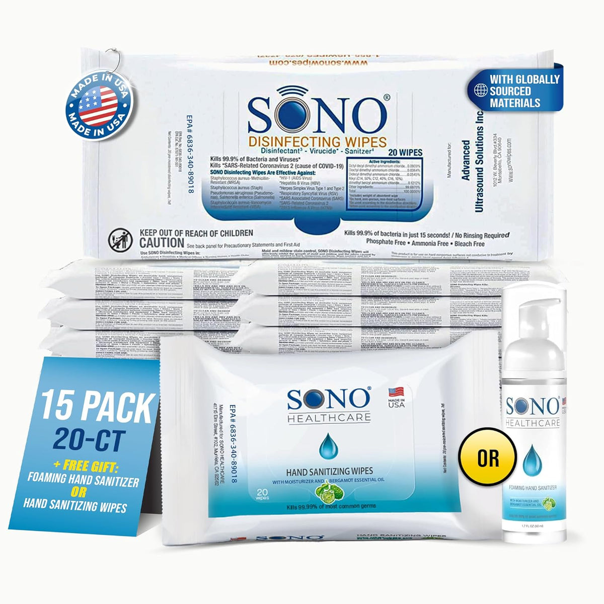 SONO Disinfecting Wipes - 300 Count (Pack of 15) + Travel-Size Alcohol-Free Sanitizer