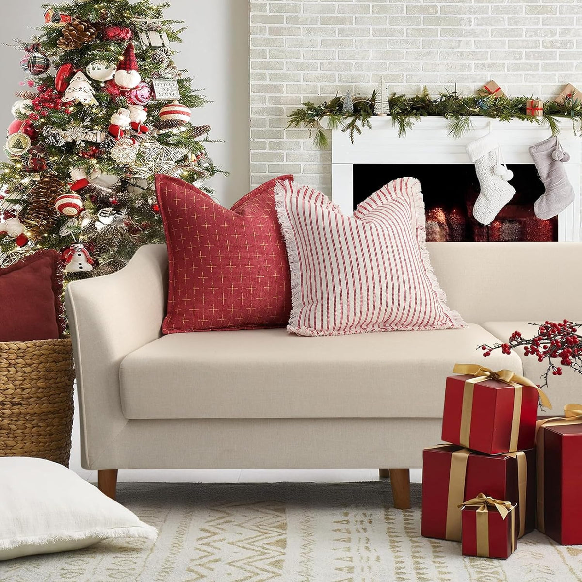 ZWJD Christmas Pillow Covers 26x26 Set of 2 Soft Polyester Textured Red Pillows with Stylish Flange