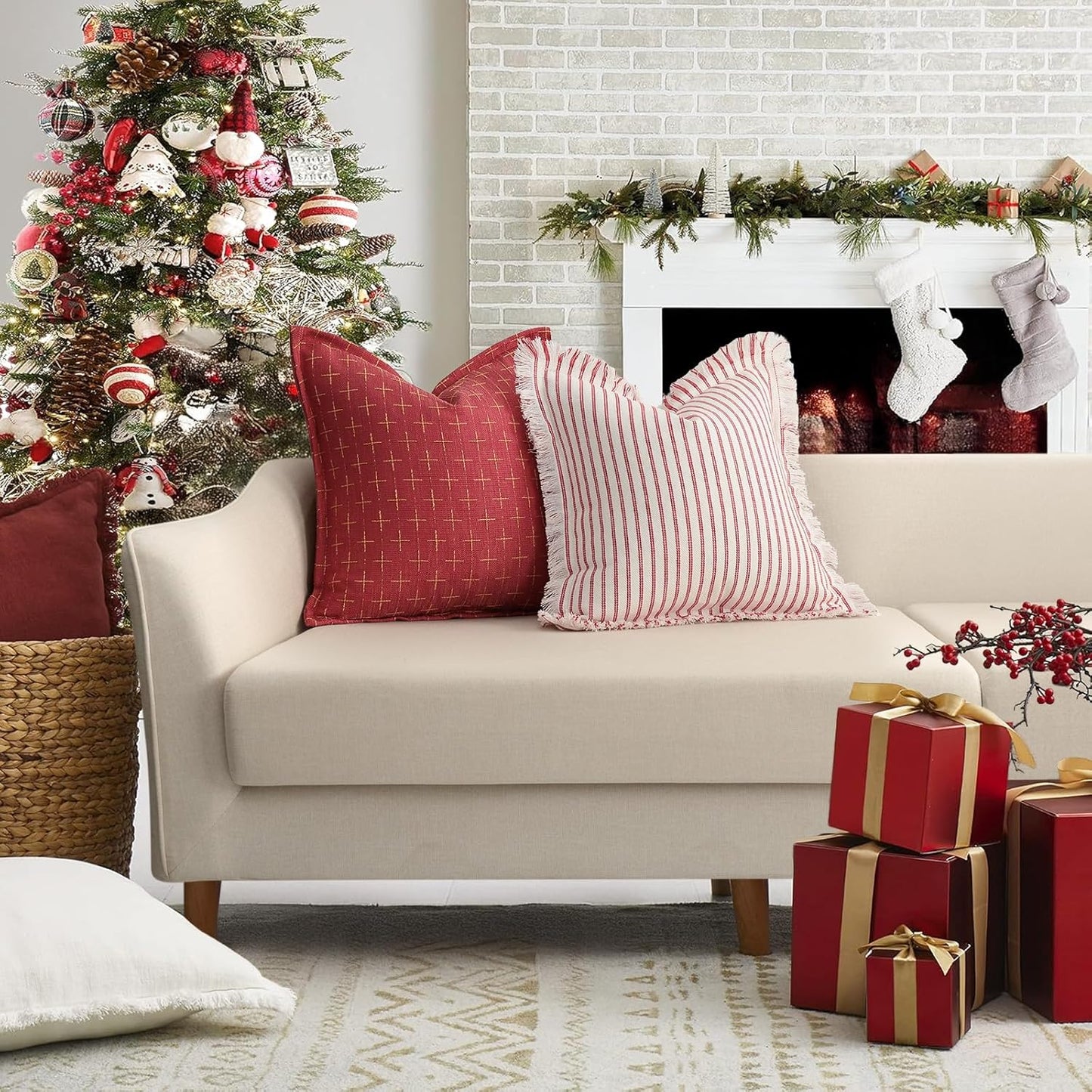 ZWJD Christmas Pillow Covers 24x24 Set of 2 Soft Polyester Textured Red Pillows with Stylish Flange