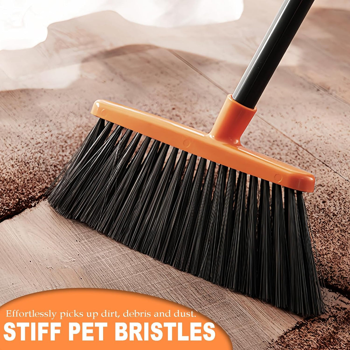 Small Broom Stiff Bristles Brush with Long Handle Indoor or Outdoor Compact Broom for Sweeping