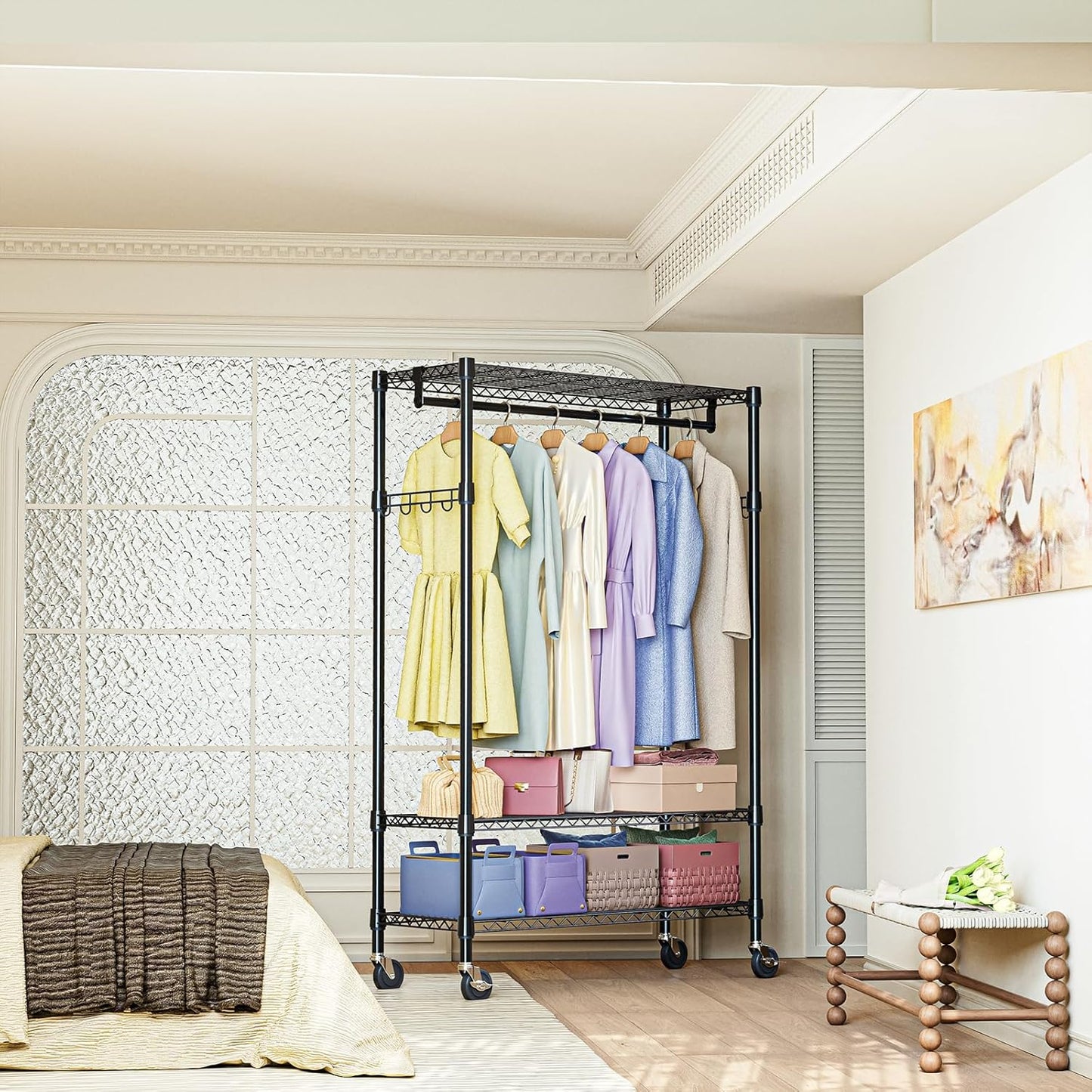 IZEUK Heavy Duty Rolling Garment Rack with 3 Adjustable Wire Shelves, 2 Hanging Rods & Side Hooks