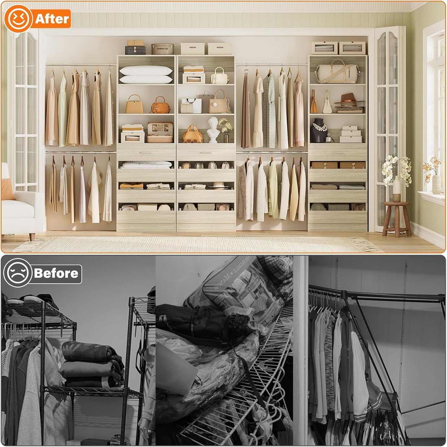 Aheaplus Closet System with 12 Drawers, 8.5-11.5Ft Wood Closet Organizer System with 4 Hanging Rods
