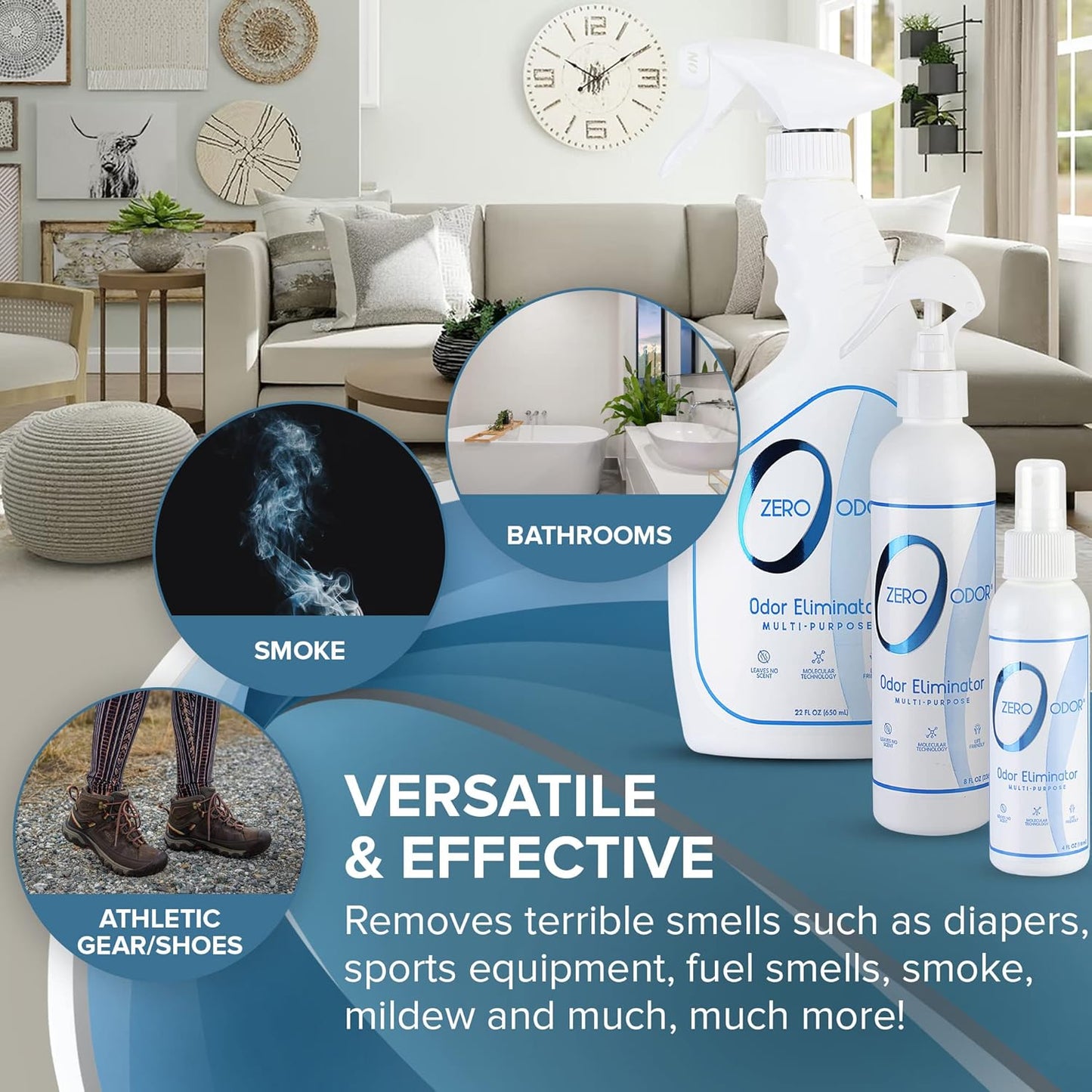 Zero Odor - Multi-Purpose Strong Odor Eliminator for Home, Office, Car, Bathroom, Hotel, Room