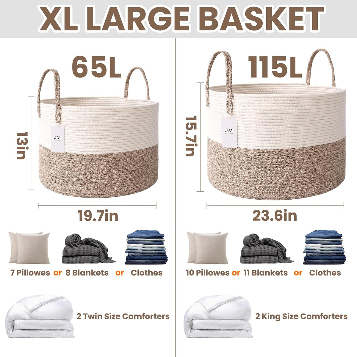 Woven Blanket Basket,65L Large Rope Storage Bin with Handles, Organizer for Blankets Toys Book and