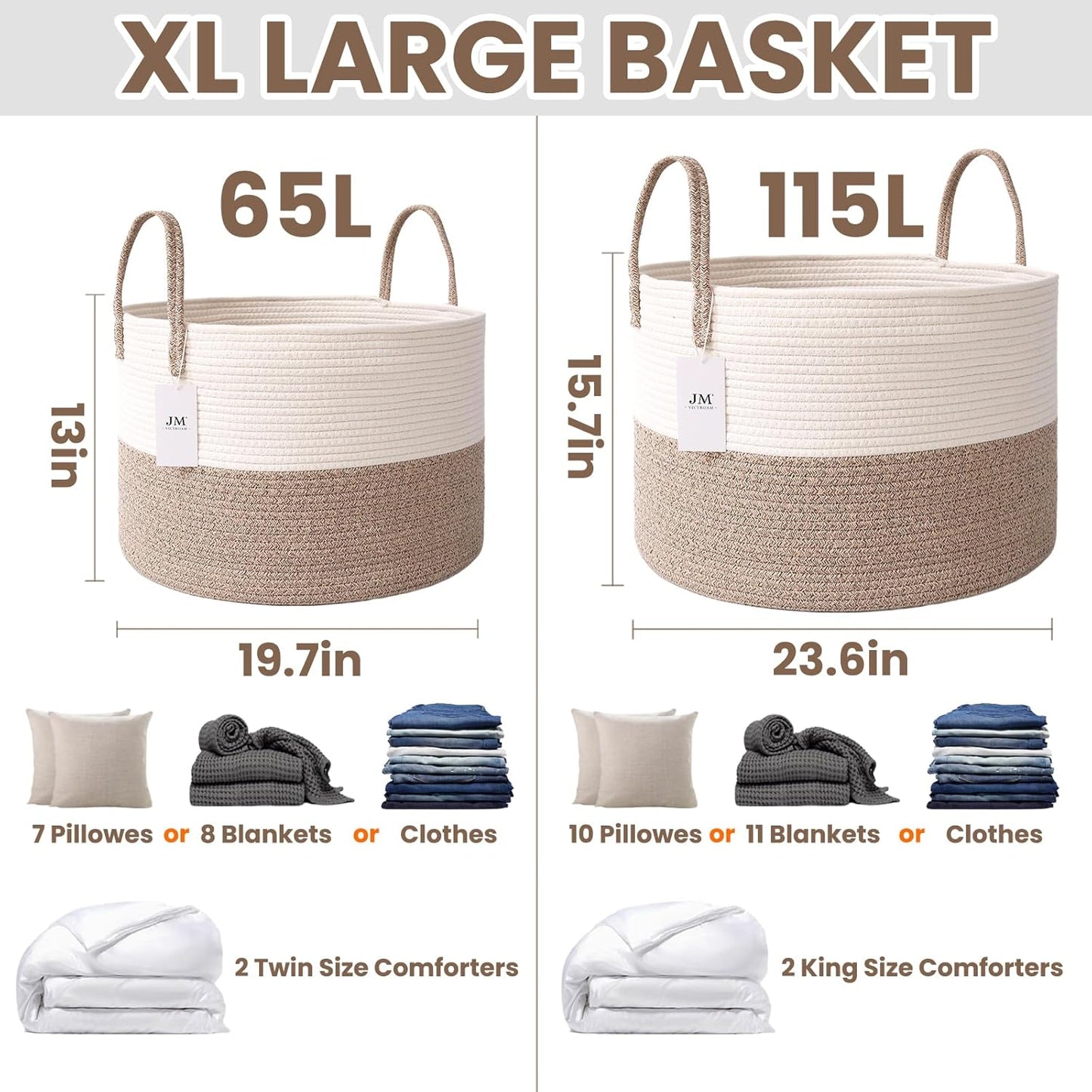 Woven Blanket Basket,115L Large Rope Storage Bin with Handles, Organizer for Blankets Toys Book and