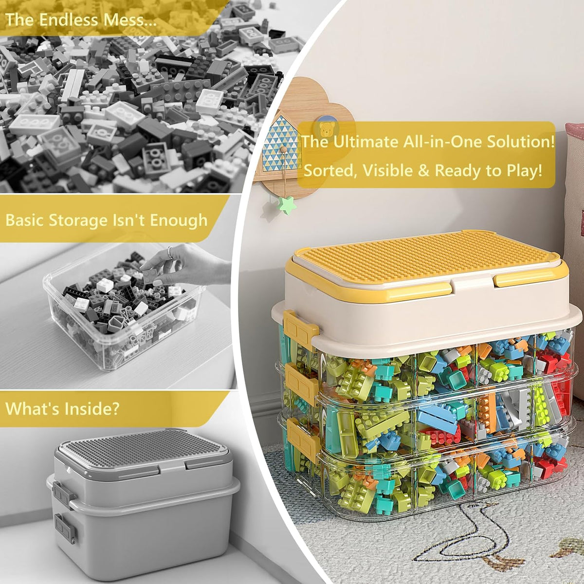Toy Storage Organizer Box with Handle, Stackable Building Block Toy Box with Building Plate Lid &
