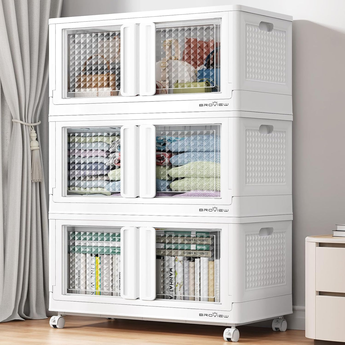 BROVIEW 300 Qt Stackable Storage Bins with Lids & Doors, 3 Pack Plastic Closet Organizer and
