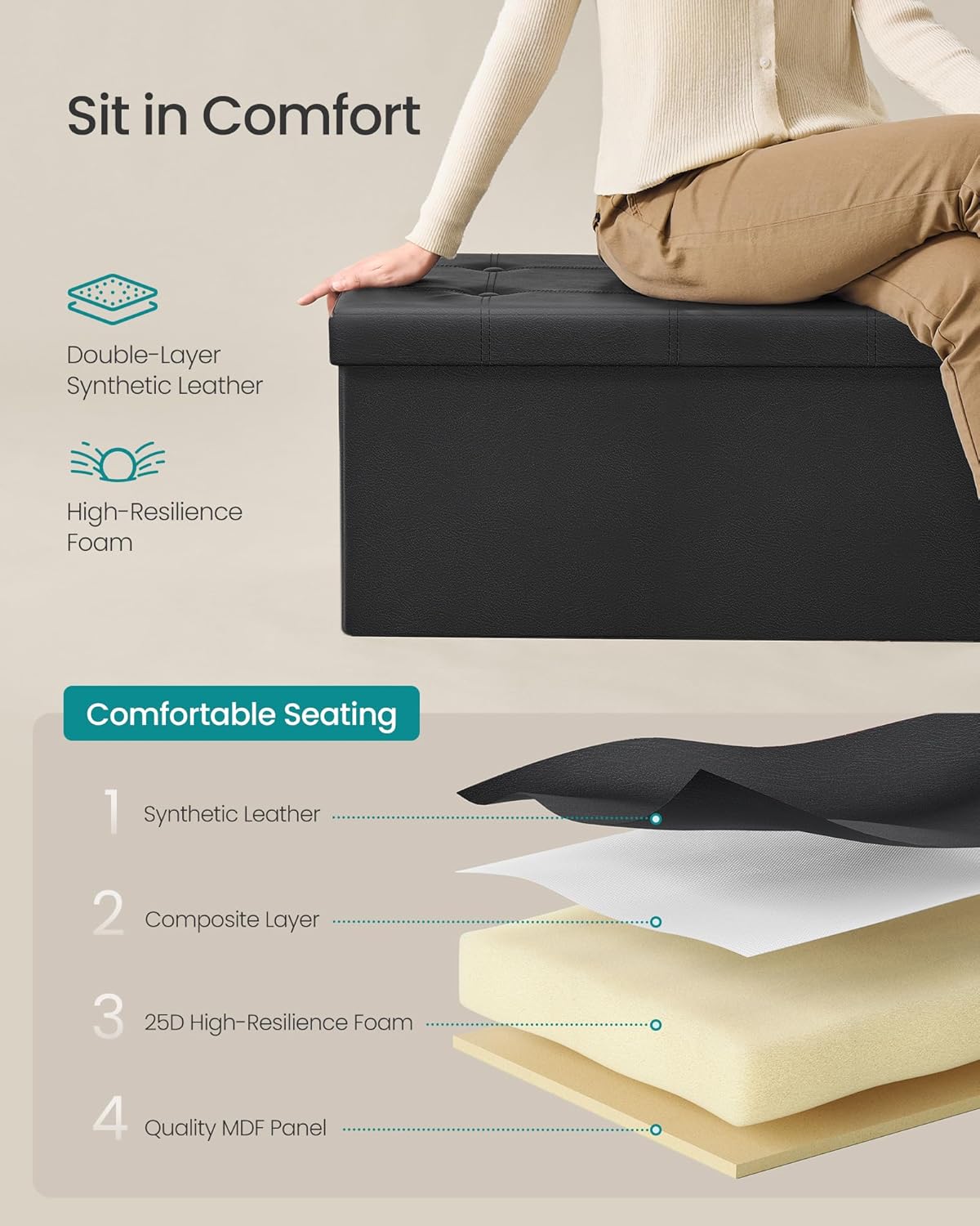 SONGMICS MAZIE Collection - 30 Inches Folding Storage Ottoman Bench, Ottoman with Storage, Foot