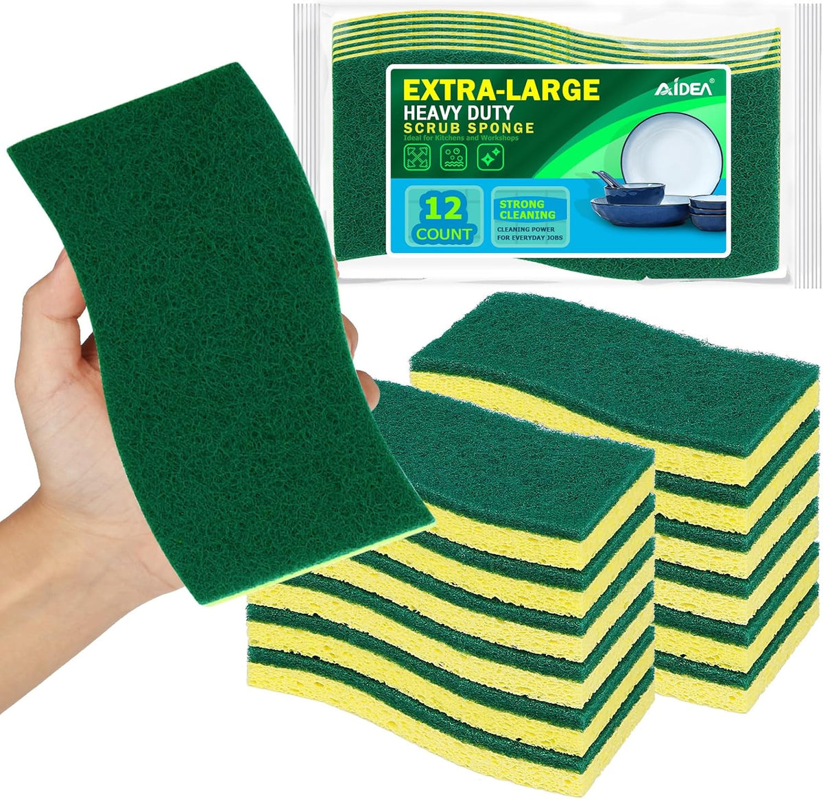 AIDEA XL Scrub Sponges Heavy Duty 12Count, Sponges for Dishes, Extra Large Sponge for Cleaning