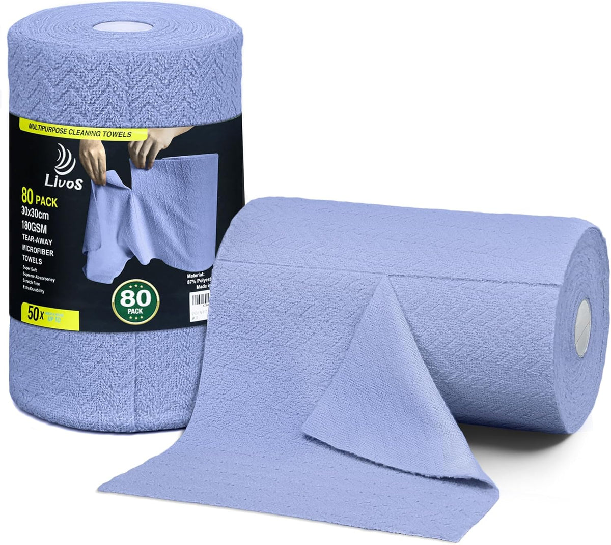LIVOS Microfiber Cleaning Cloth Roll - 80 Pack, Reusable Paper Towels, Microfiber Towels for Cars