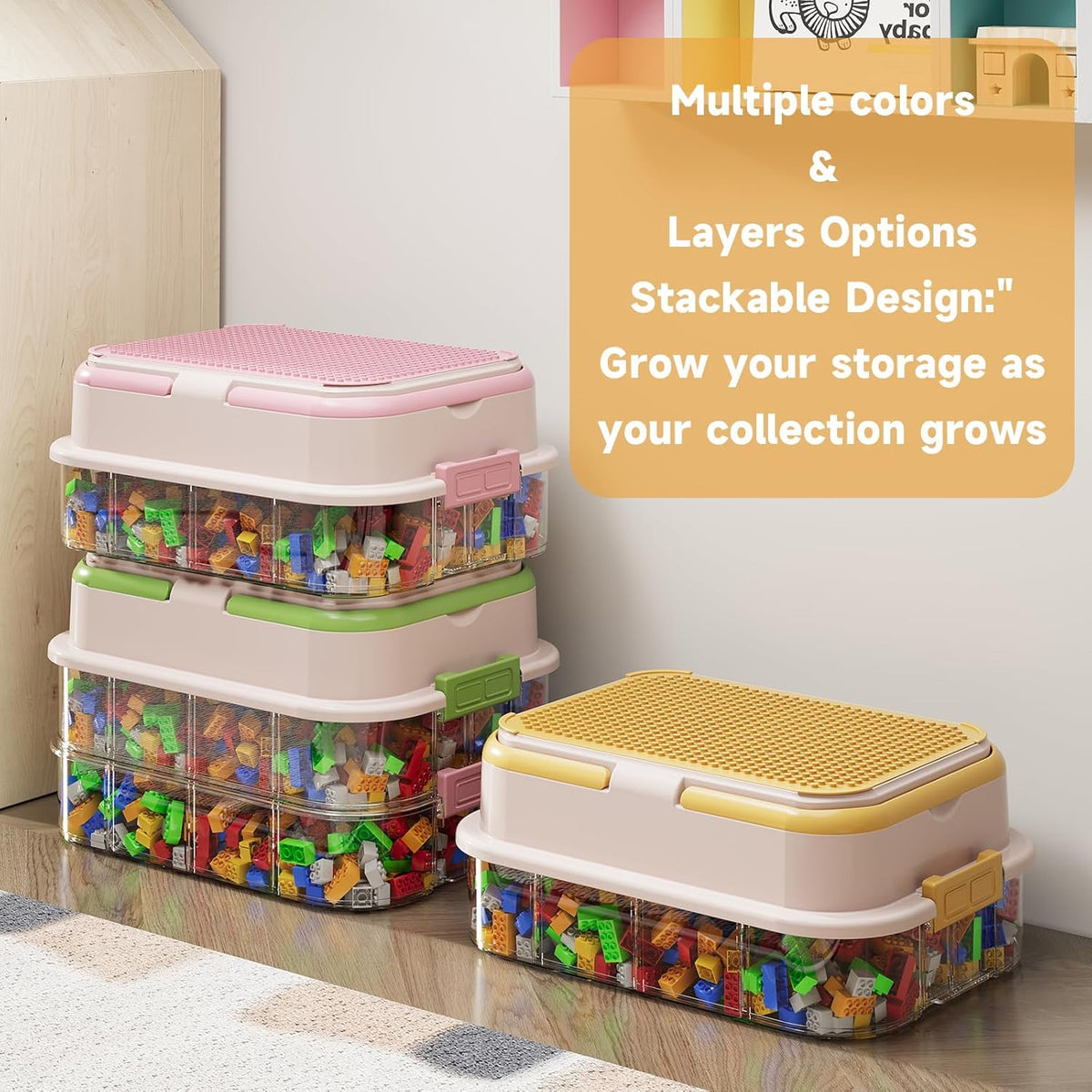 Toy Storage Organizer Box with Handle, Stackable Building Block Toy Box with Building Plate Lid &
