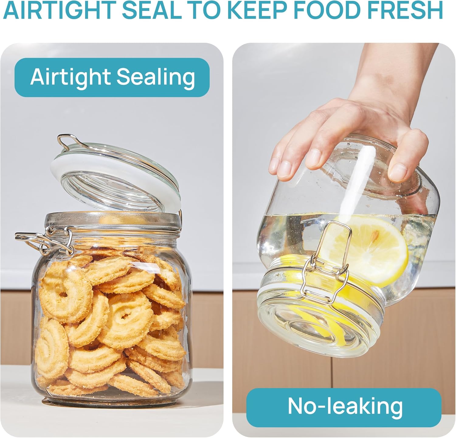 Vtopmart 34oz Glass Food Storage Jars with Airtight Clamp Lids, 3 Pack Kitchen Canisters for Flour