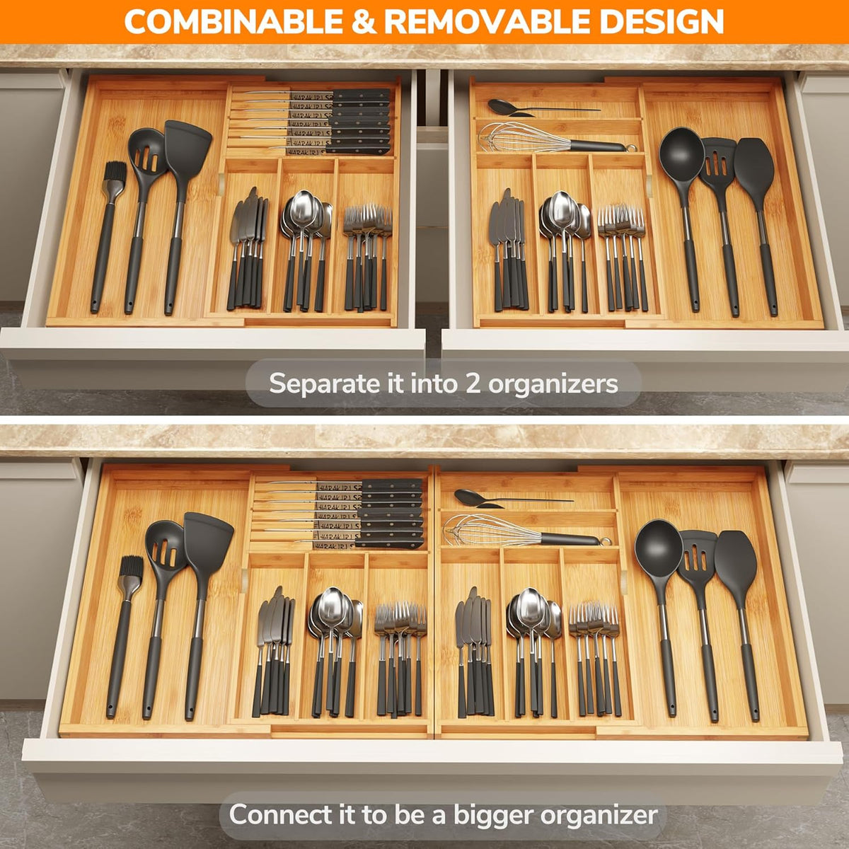 BAMEOS Expandable Silverware Drawer Organizer with Removable Knife Blocks, Bamboo Kitchen Utensil