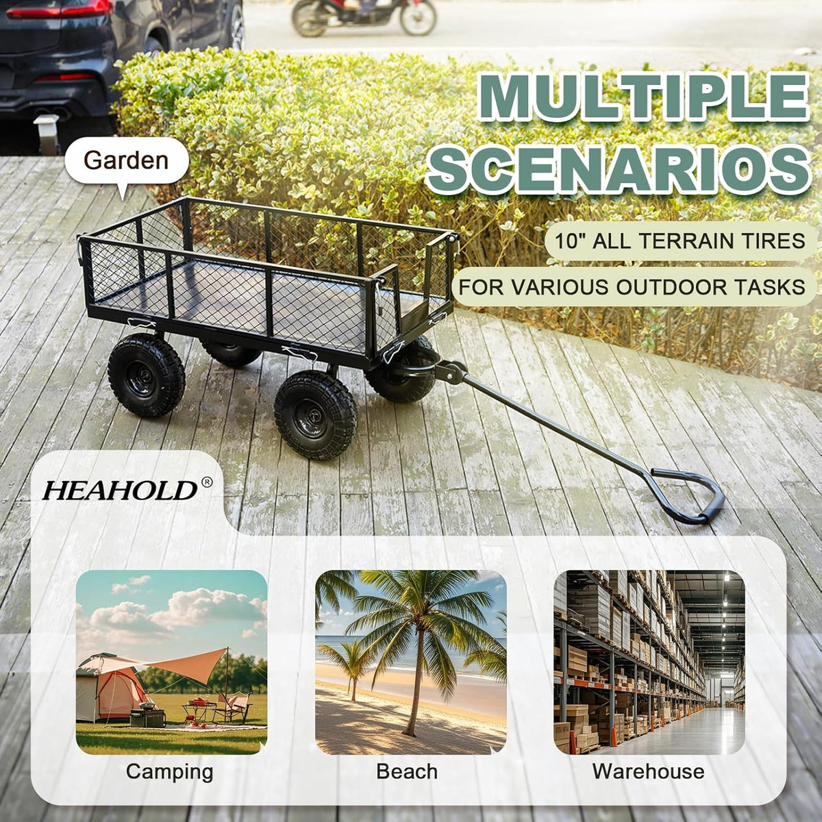 Garden Wagon Cart Heavy Duty 880 LBS Steel Utility Cart with All-Terrains 3.50-4" Solid Wheels 10"