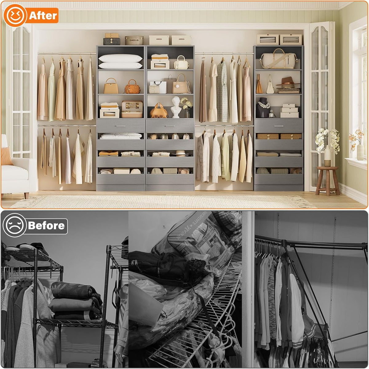 Aheaplus Closet System with 12 Drawers, 8.5-11.5Ft Wood Closet Organizer System with 4 Hanging Rods
