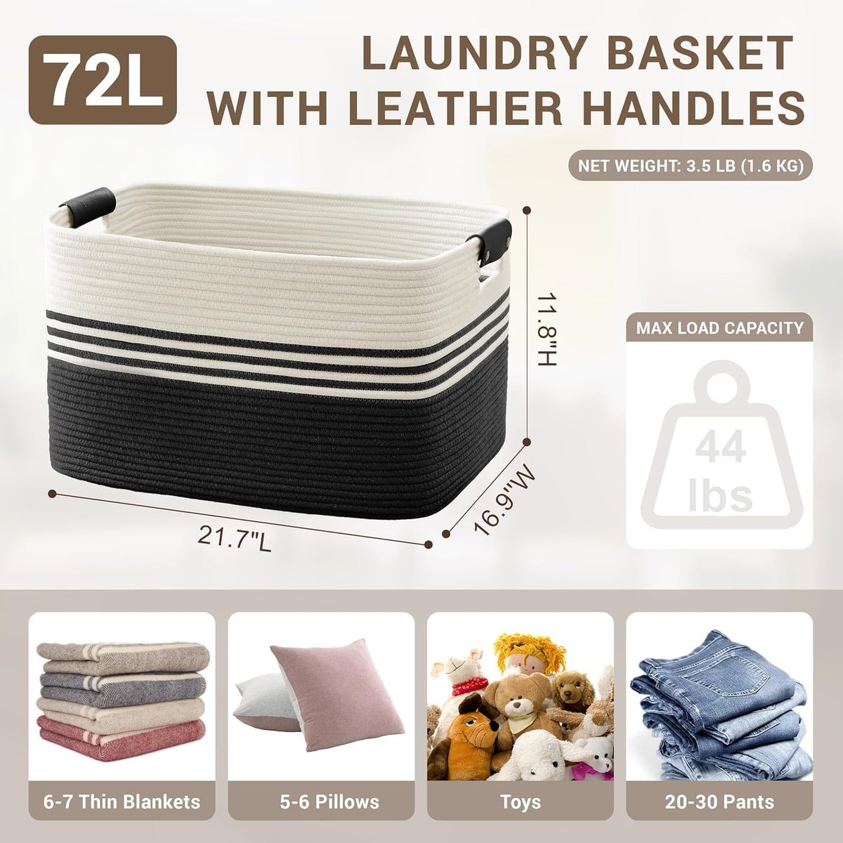 72L Large Laundry Basket with Leather Handles for Living Room Storage, Woven Rope Baskets Bin for