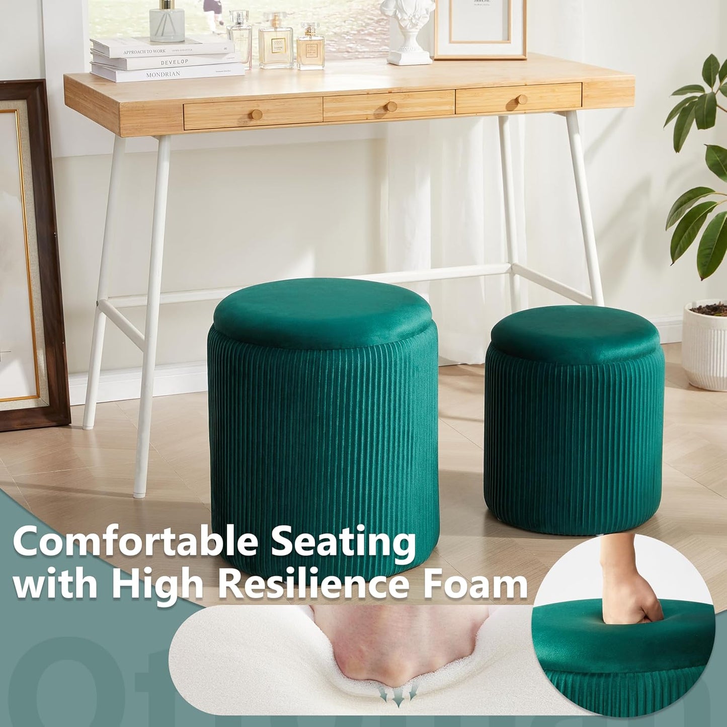 Royal Windsor Round Ottoman with Storage Set of 2,Vanity Stool with Storage for Bedroom, Ottoman