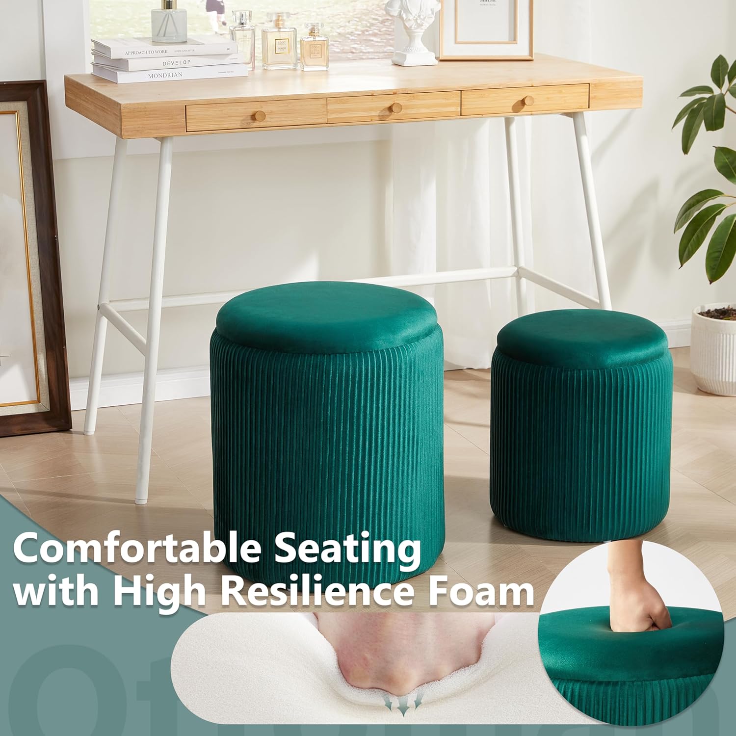Royal Windsor Round Ottoman with Storage Set of 2,Vanity Stool with Storage for Bedroom, Ottoman