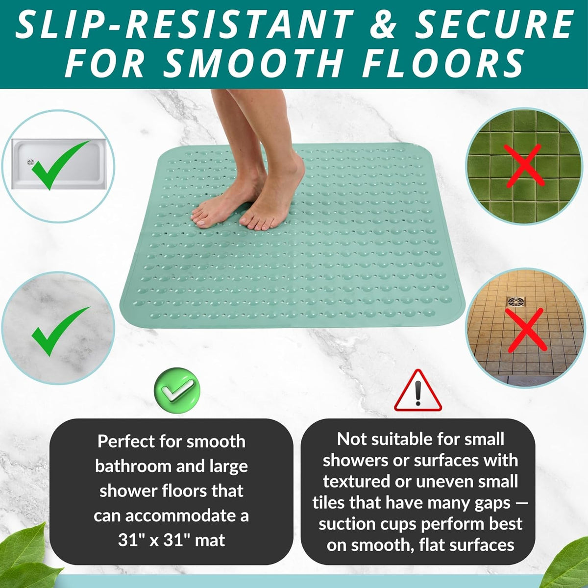 ENKOSI Extra Large Square Non Slip Shower Mat - 31 x 31-inch XL Bathroom Shower Mat - Square Shower