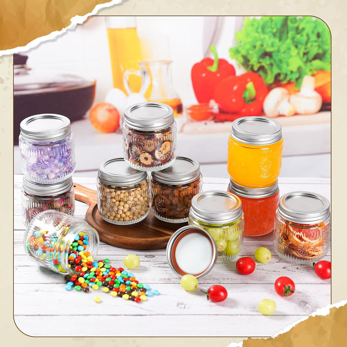 Mason Jars 8 oz - Vintage Small Glass Mason Jars with Silver Metal Lids, Regular Mouth Canning
