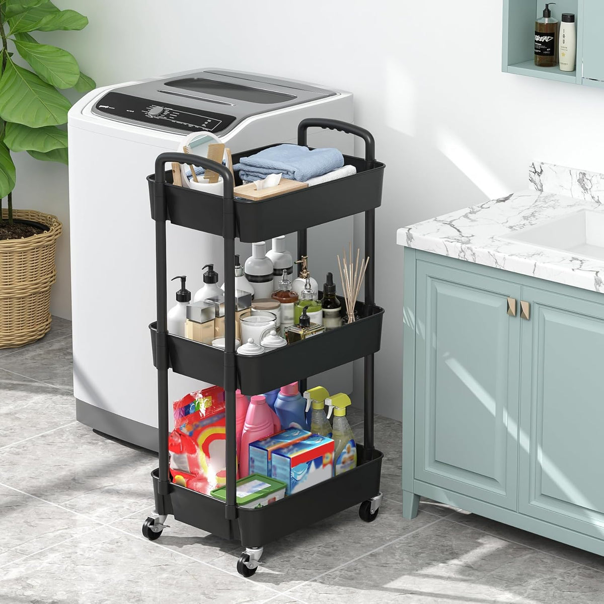 Sywhitta 3-Tier Plastic Rolling Utility Cart with Handle, Multi-Functional Storage Trolley for