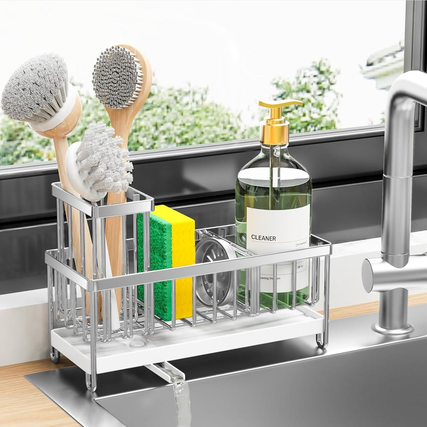 Cisily Silver Sponge Holder for Kitchen Sink, Sink Caddy Organizer with High Brush Holder, Kitchen