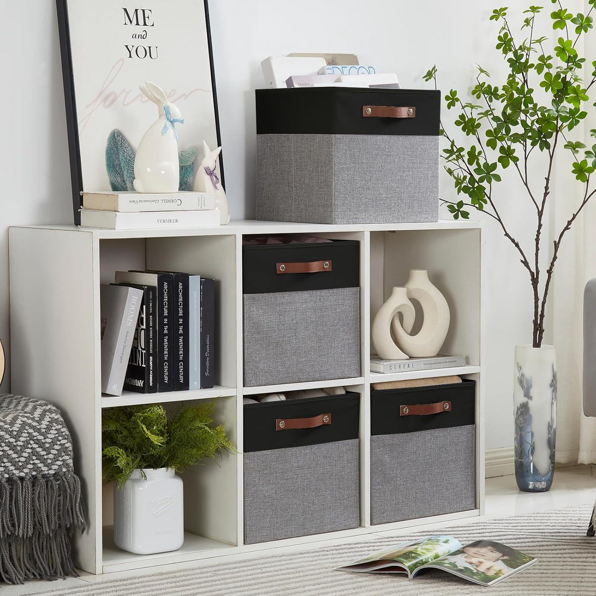 Collapsible Fabric Storage Cube Bins with 2 Reinforced PU Handles, Foldable Storage Organizer