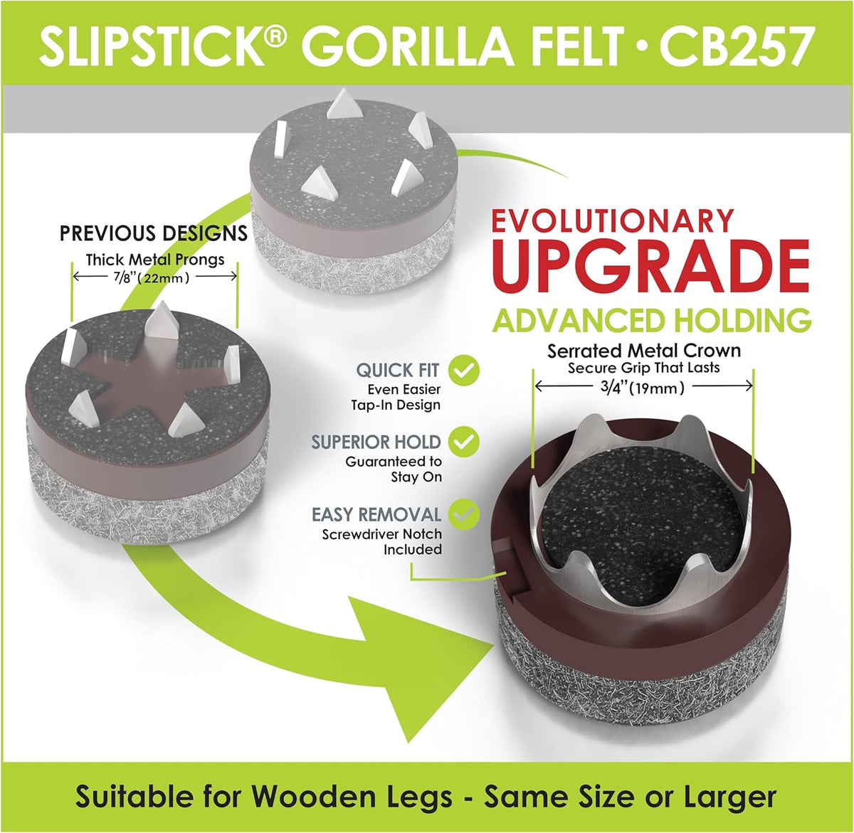 GorillaFelt CB257 Chair Leg Floor Protectors/Felt Glides (Set of 8) Tap On Felt Furniture Pads