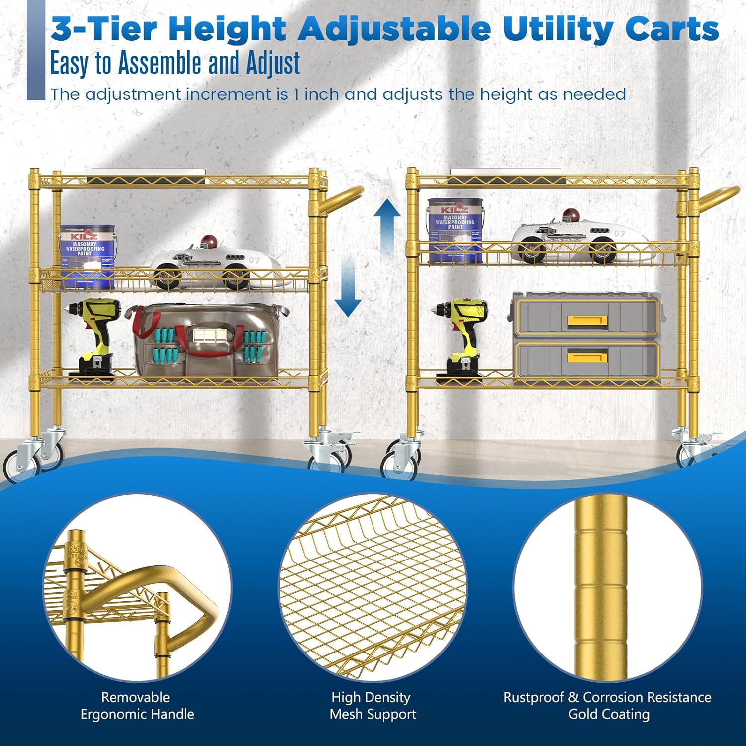 Leteuke 3 Tier Rolling Carts with Wheels,Heavy Duty Utility Bar Cart,NSF Commercial Grade Metal