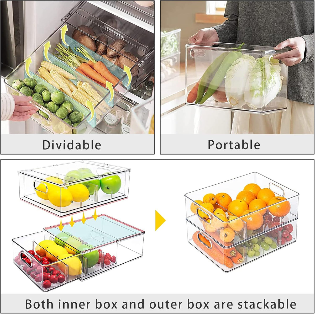 MineSign 4Pack Stackable Fridge Drawers Pull-out Storage Bins with Handle Clear Food Container for