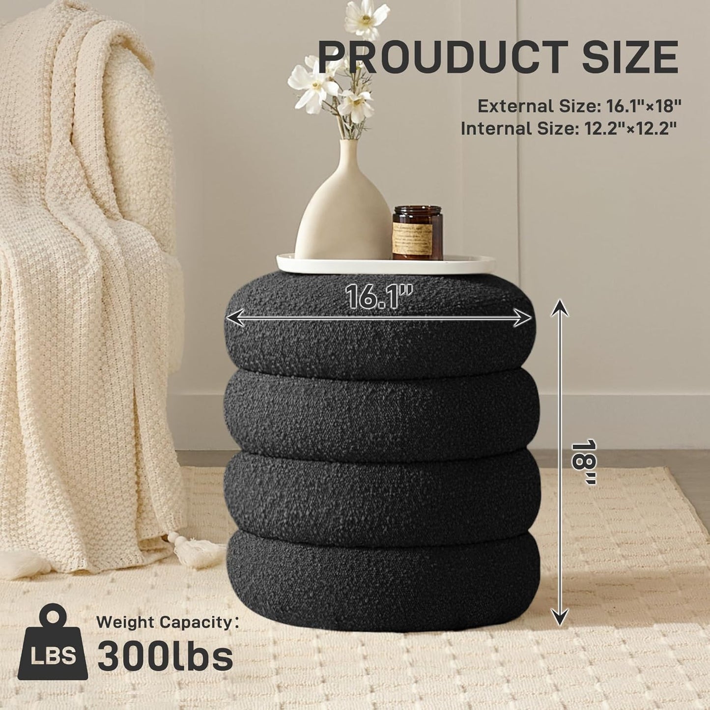 Round Ottoman with Storage Boucle Ottoman Stool with Storage Removable Lid for Living Room Modern