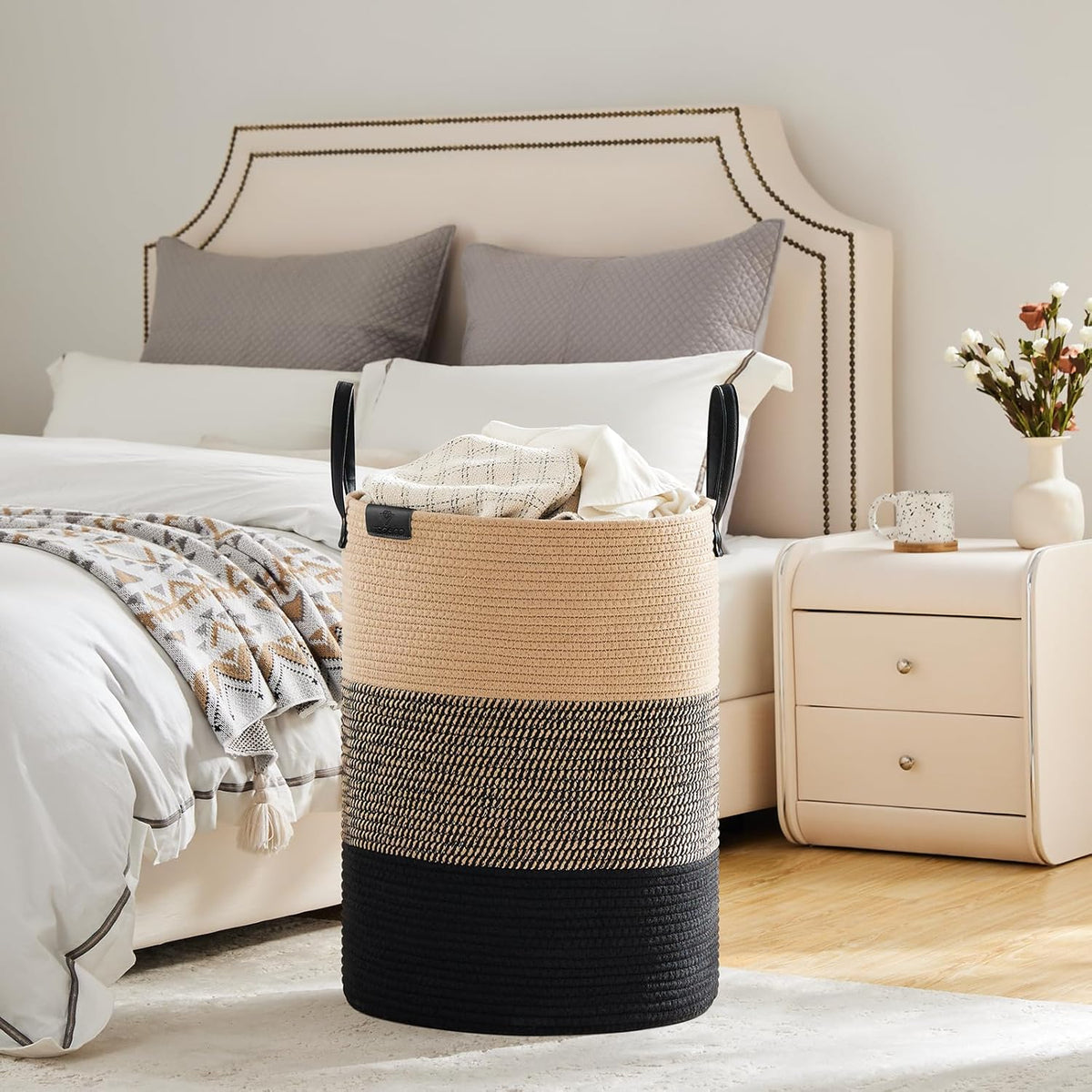 VIPOSCO Tall Laundry Basket, Large Dirty Clothes Hamper with Leather Handle, Woven Rope Storage