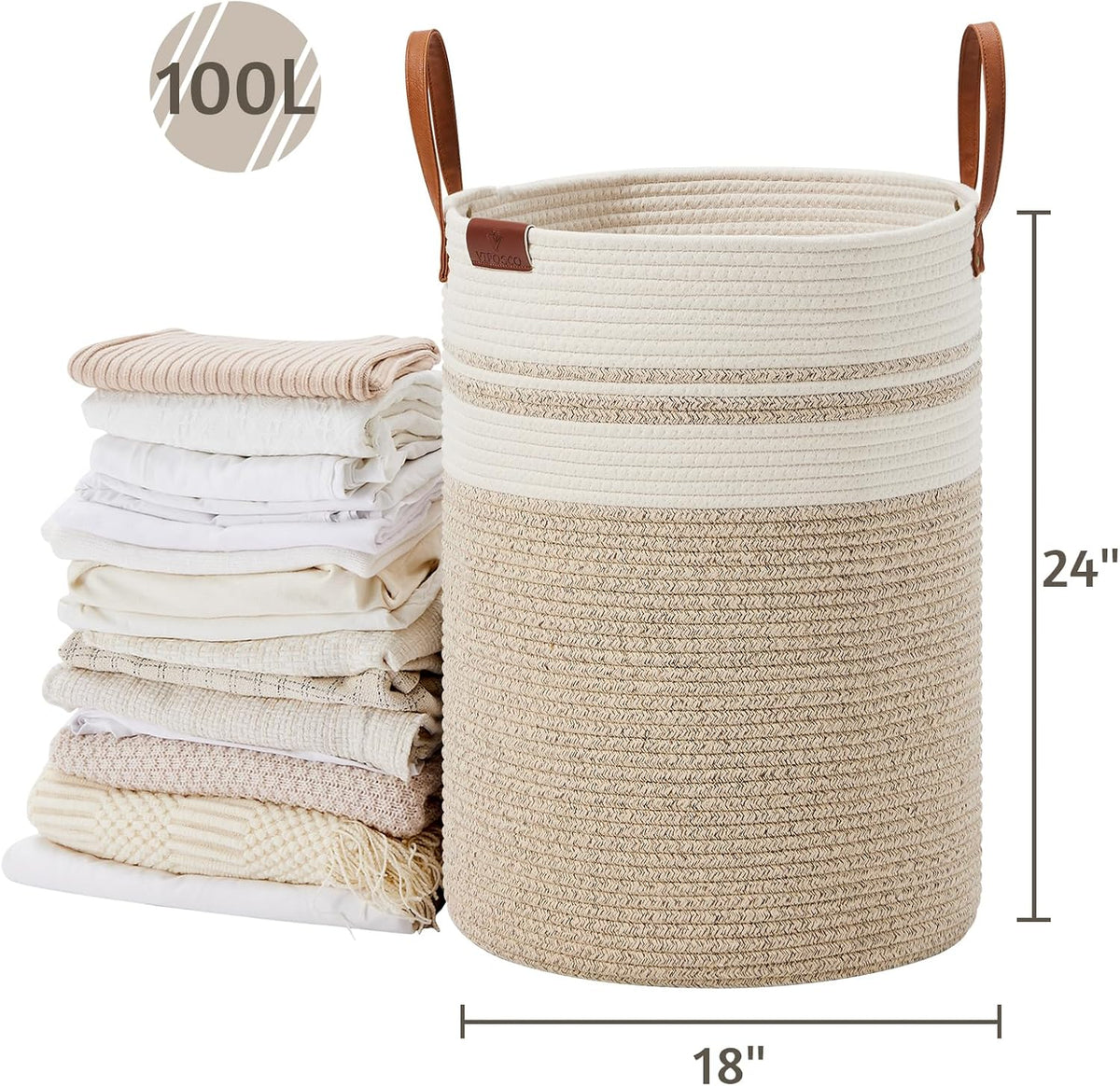 VIPOSCO Tall Laundry Basket, Large Dirty Clothes Hamper with Leather Handle, Woven Rope Storage
