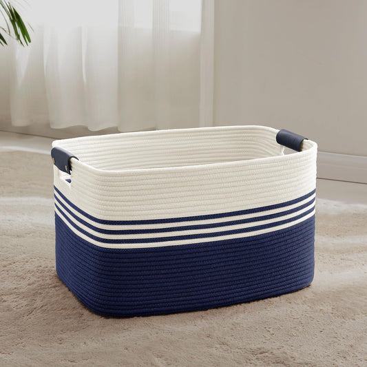 60L Large Laundry Basket with Leather Handles for Living Room Storage, Woven Rope Baskets Bin for