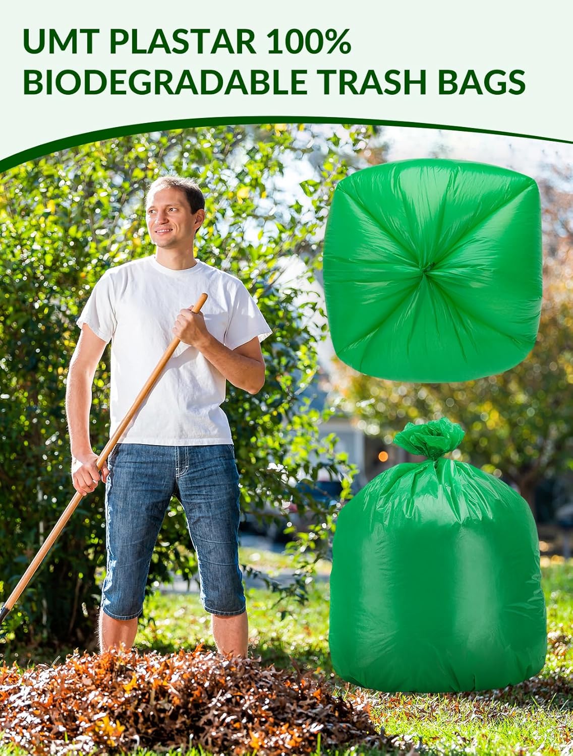100 Count 100% Biodegradable and Compostable Trash Bags, 40-45 Gallon, 20 Microns, 38x46 Inches
