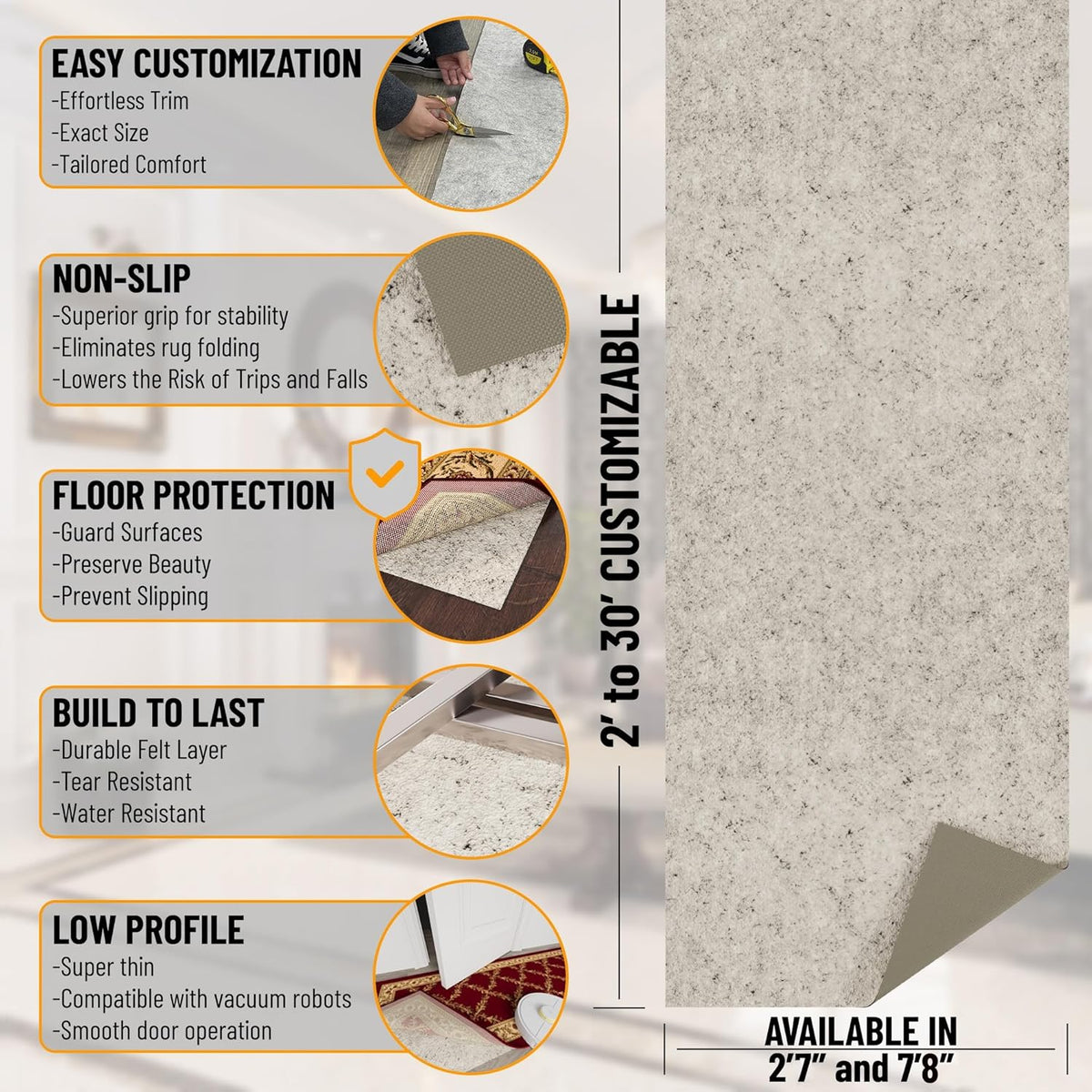 Ottomanson 2'7" x 7' Non-Slip Rug Pad Gripper 1/12 Inch Ultra Thin Dual Surface Felt + Rubber