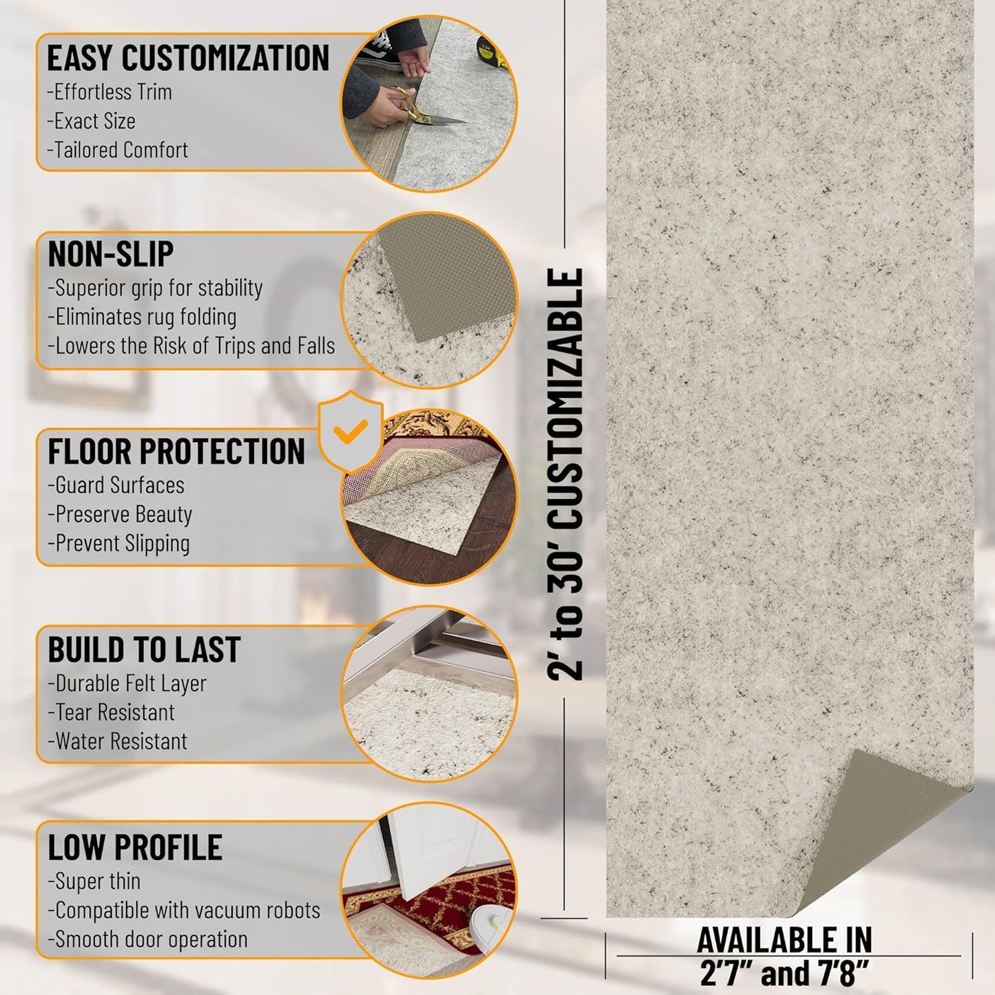 Ottomanson 7'8" x 12' Non-Slip Rug Pad Gripper 1/12 Inch Ultra Thin Dual Surface Felt + Rubber