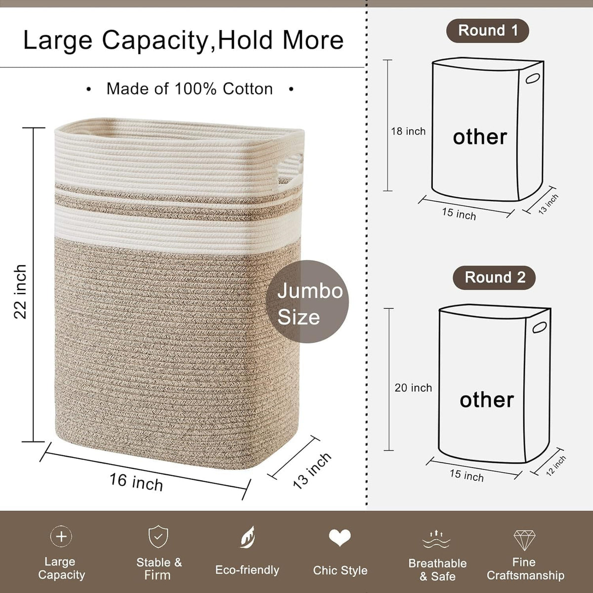OIAHOMY Laundry Hamper-Laundry Basket,Tall Cotton Storage Basket with Handles,Decorative Blanket