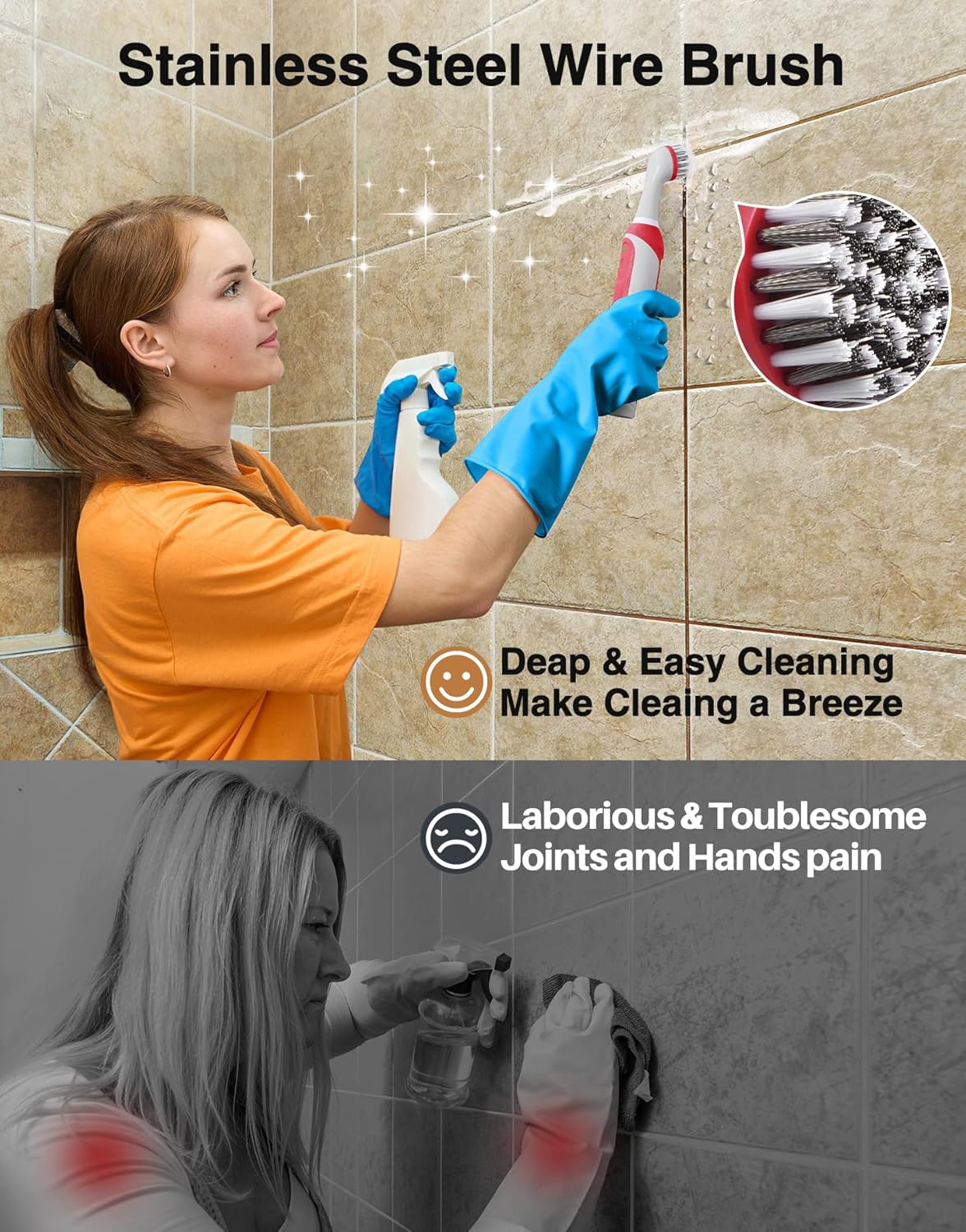 kHelfer Rechargeable Electric Grout Brush with Built-in Battery, Upgraded Stainless Steel Wire