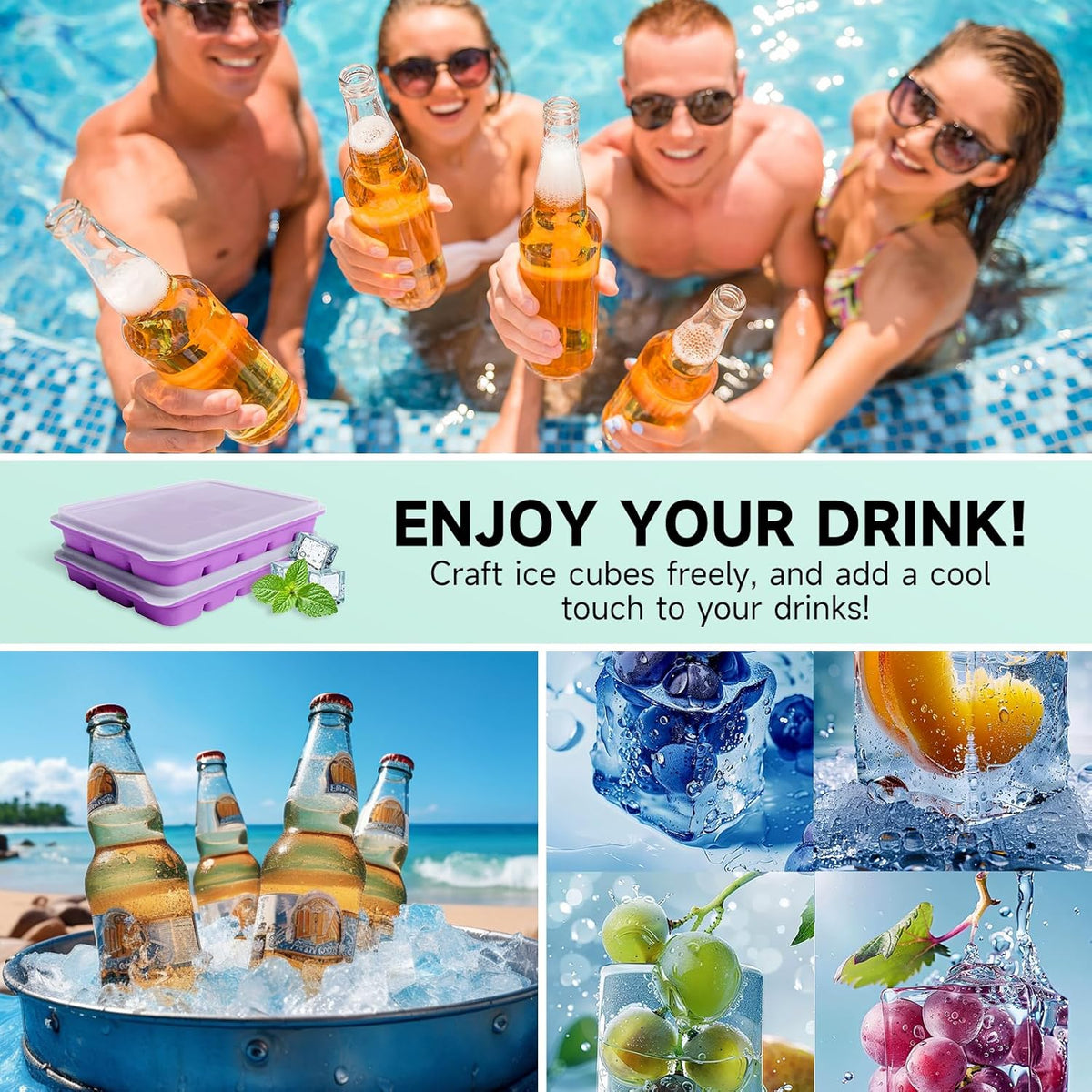 Tvmania Ice Cube Trays Set of 2, Easy Release 15 Flexible Silicone Ice Cube Molds with Removable