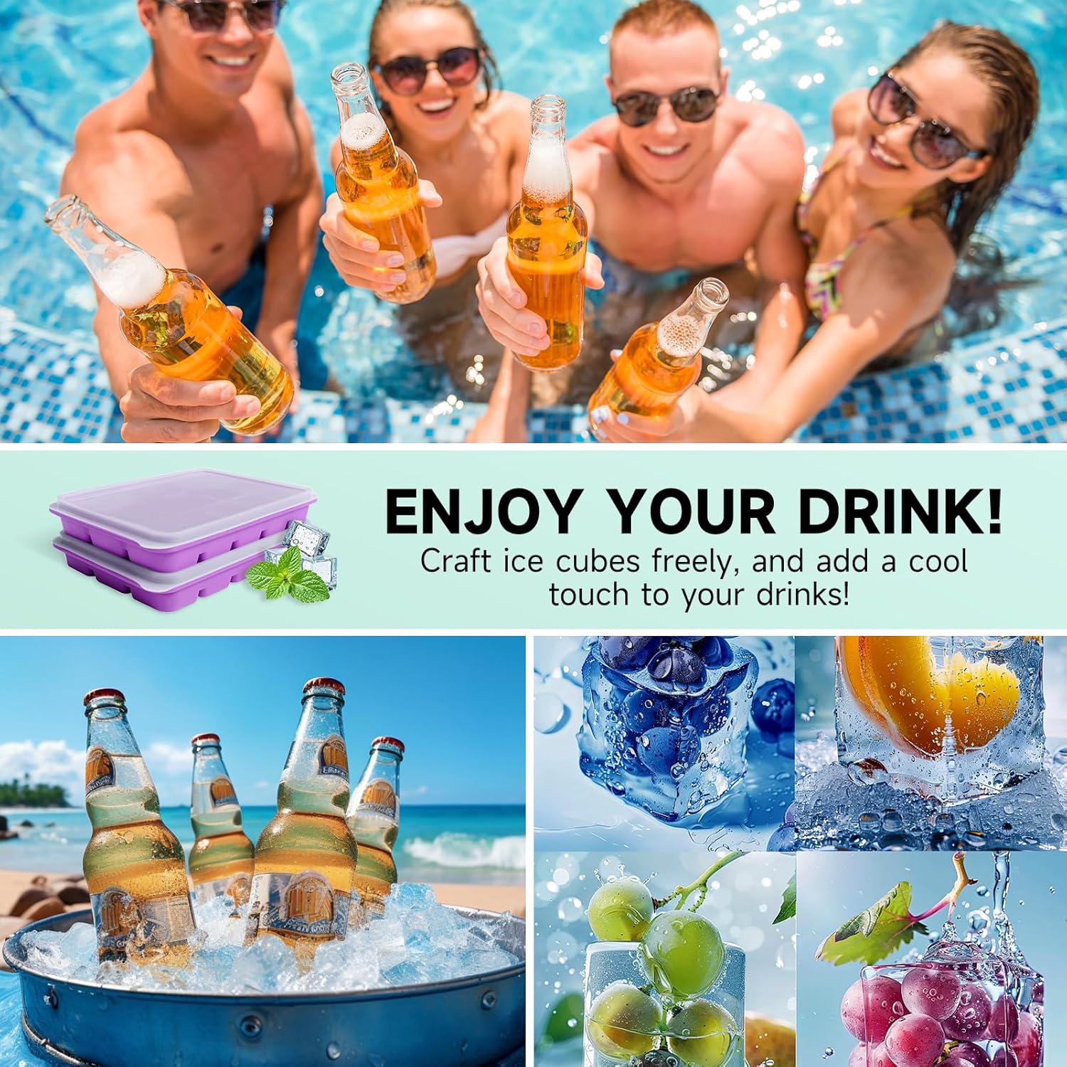 Tvmania Ice Cube Trays Set of 2, Easy Release 15 Flexible Silicone Ice Cube Molds with Removable