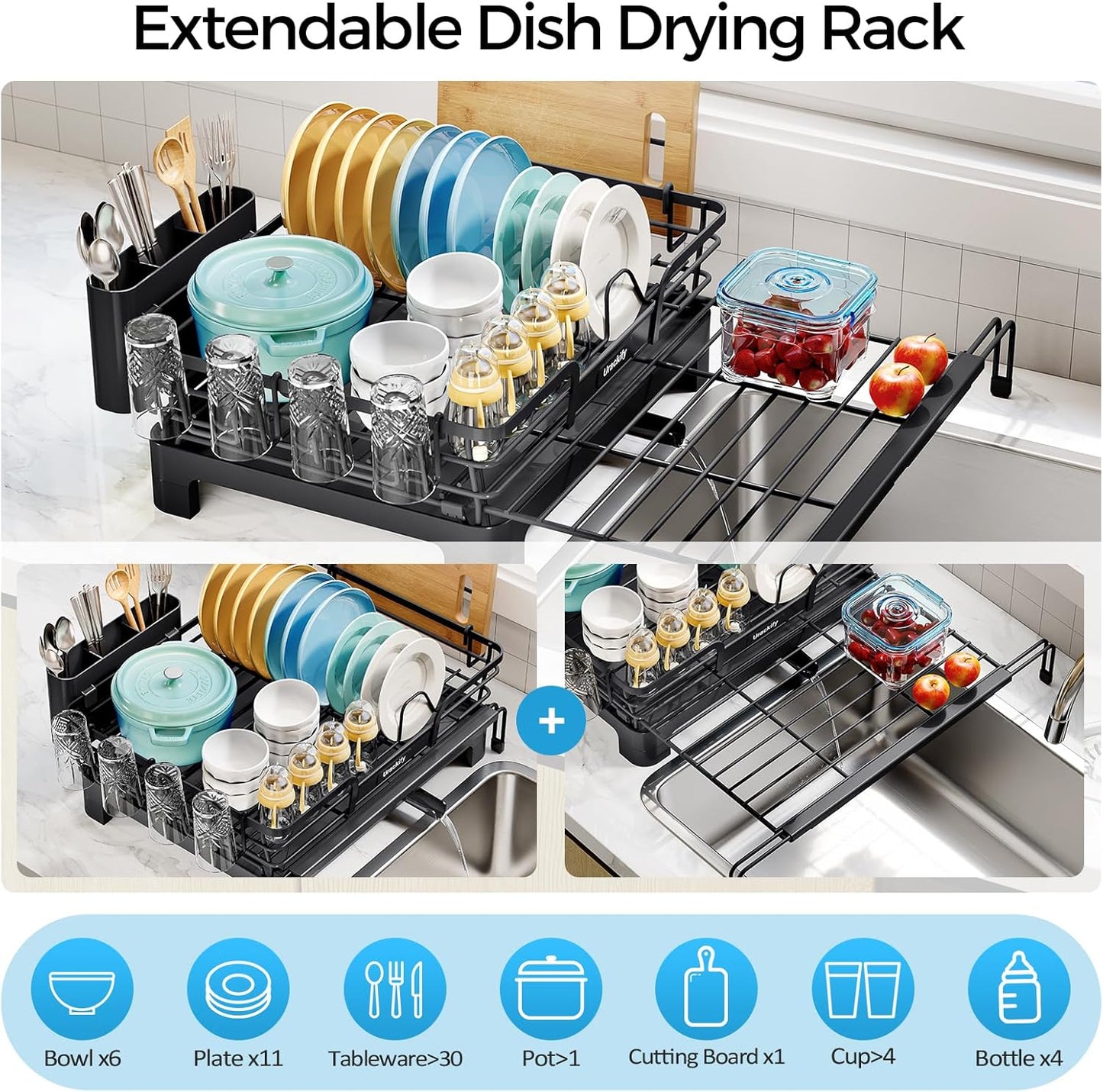 Extendable Dish Drying Rack, 2 in 1 Multifunction Dish Rack for Kitchen Counter, Expandable Dish