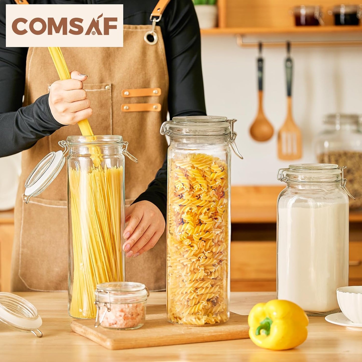 ComSaf 60oz Airtight Glass Jars Set of 3 with Lids Food Storage Jar Round - Tall Spaghetti