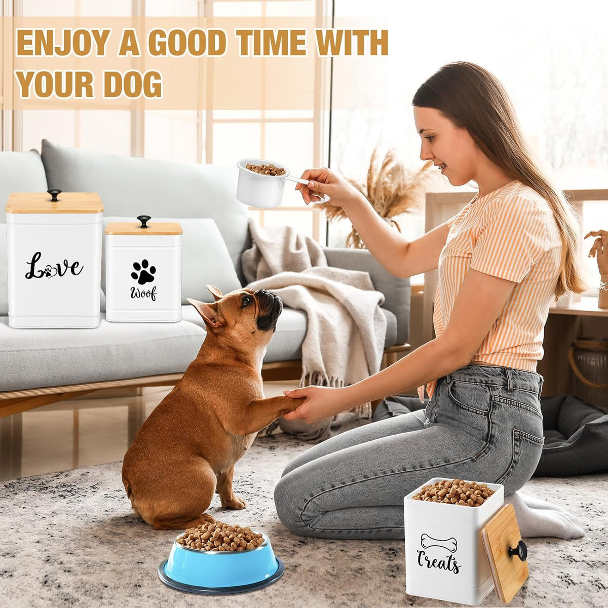 Metal Dog Treat Containers Set of 3 with Bamboo Lids and Spoon Airtight 7+3+2 lbs Dog Food Snack