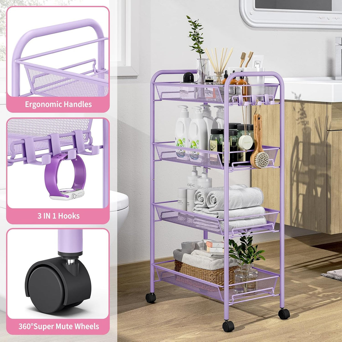 TOOLF 4-Tier Rolling Cart, Metal Utility Cart with 3 Hooks, Easy Assemble Mobile Storage Trolley On